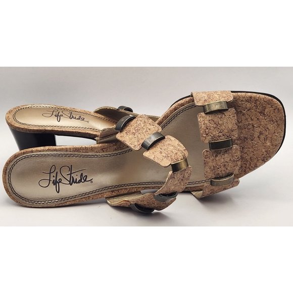 Life Stride Sunset Sandals Size 8.5 M Slides Cork Look Brass Accents EUC - Picture 4 of 7